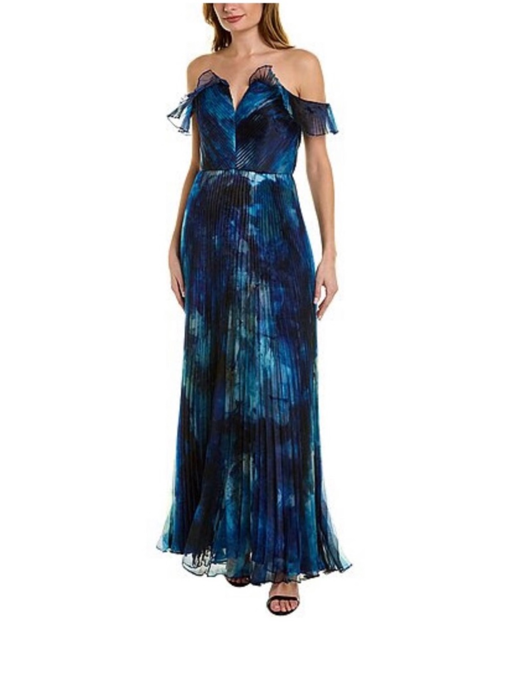 Theia One-Shoulder Navy Blue Pleated Evening Gown